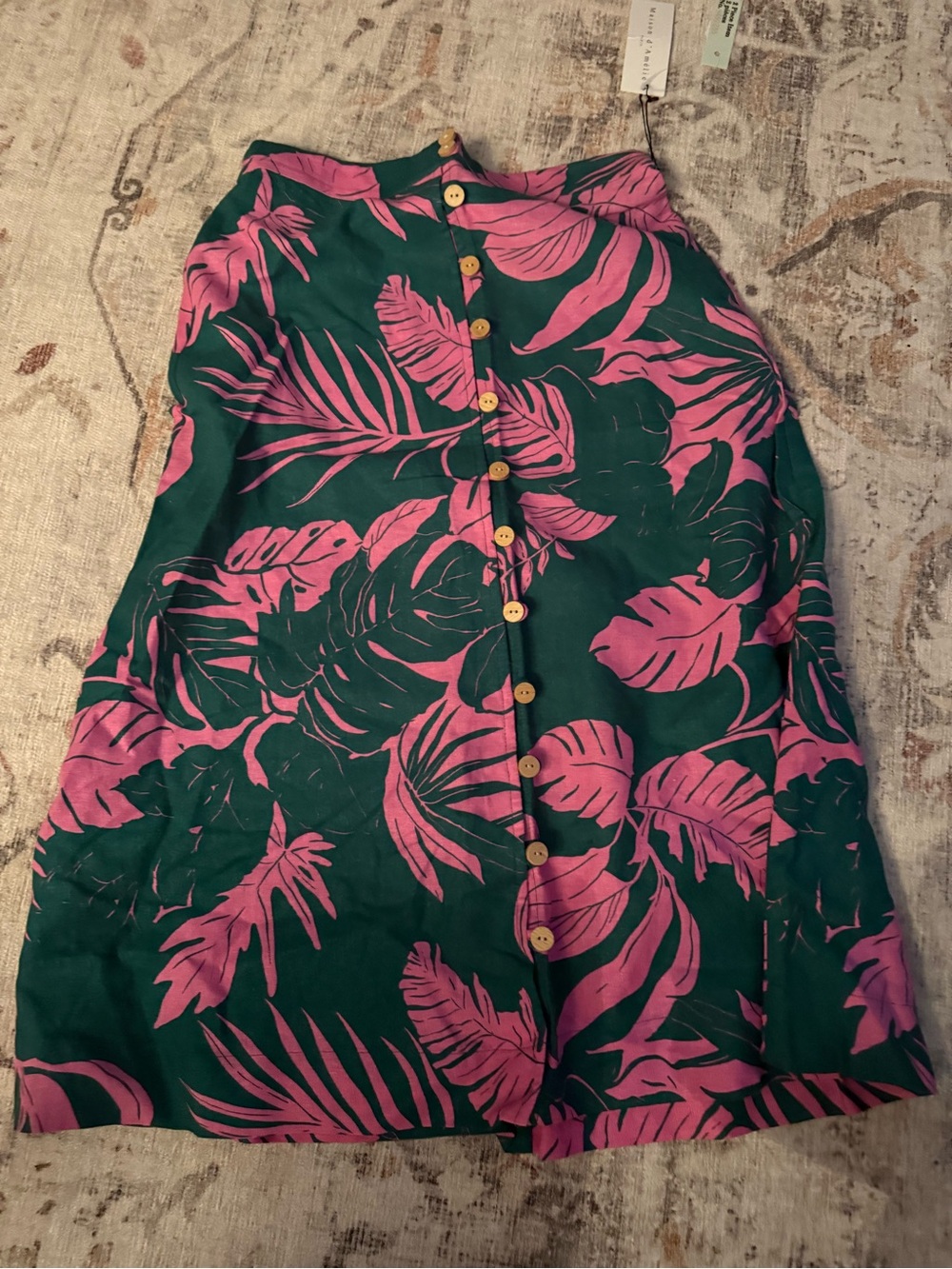 Tropical Print Button-Front Women's Skirt - Green & Pink